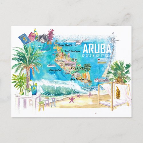 Aruba Dutch Antilles Caribbean Island Illustrated  Postcard