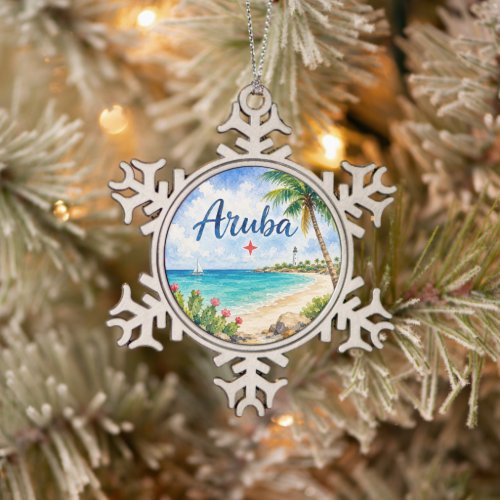 Aruba Dutch Caribbean Island travel souvenir  Snowflake Pewter Christmas Ornament