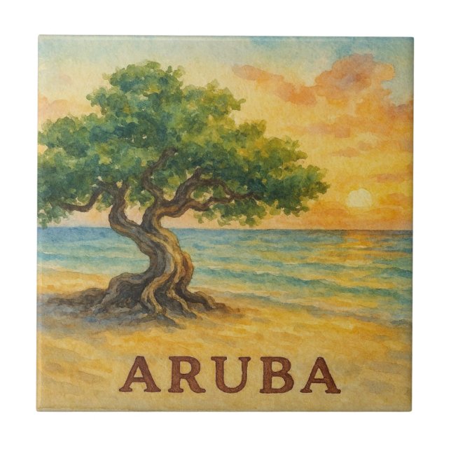 Aruba Eagle Beach Divi Tree Golden Hour Ceramic Tile (Front)