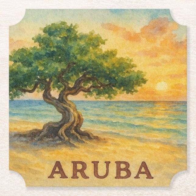 Aruba Eagle Beach Divi Tree Golden Hour Paper Coaster (Front)