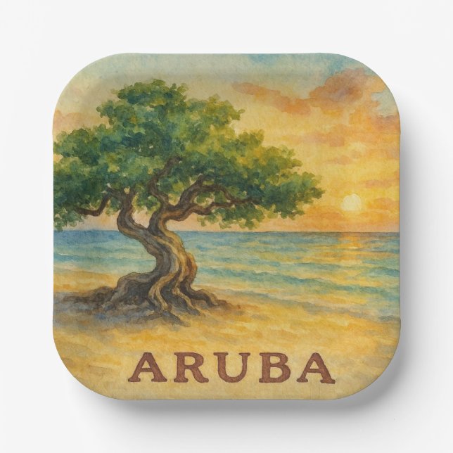 Aruba Eagle Beach Divi Tree Golden Hour Paper Plates (Front)