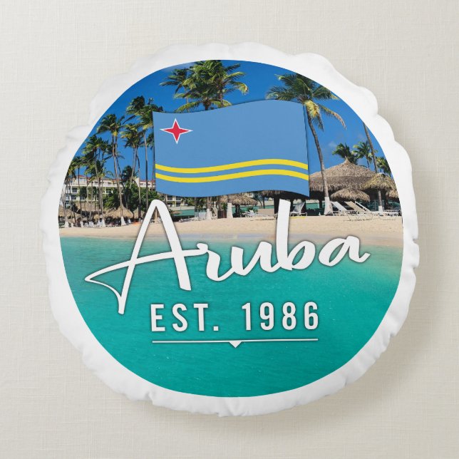 "Aruba Est. 1986" Beach With Flag Round Pillow (Front)