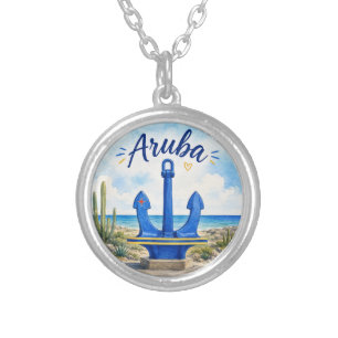 Aruba flag anchor Caribbean island travel souvenir Silver Plated Necklace