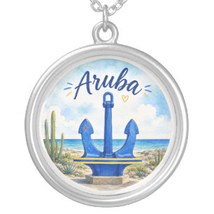 Aruba flag anchor Caribbean island travel souvenir Silver Plated Necklace