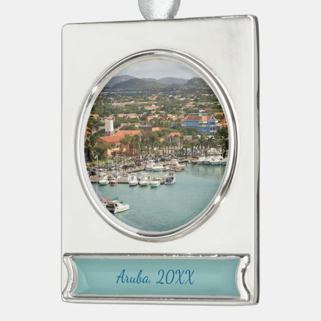 Aruba Marina Dated Silver Plated Banner Ornament (Left)