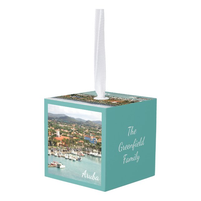Aruba Marina Personalized Dated Cube Ornament (Back Angled)