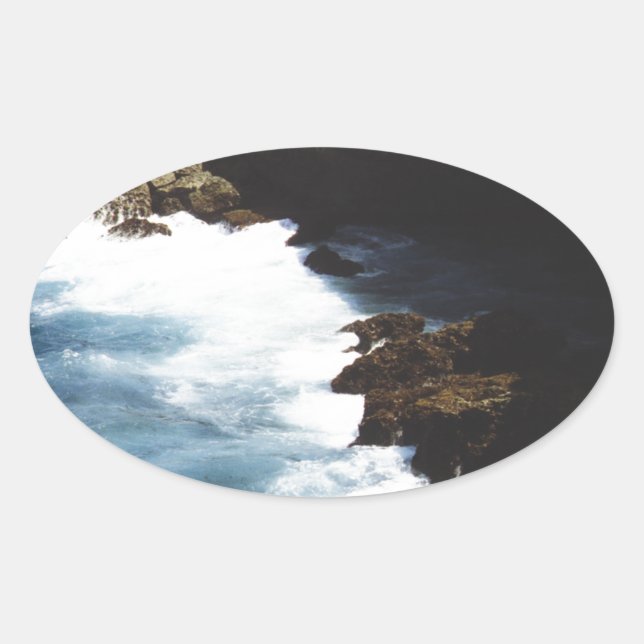 Aruba Ocean Crashing On The Rocks Oval Sticker (Front)