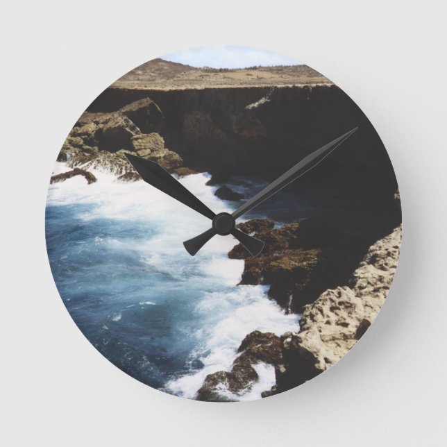Aruba Ocean Crashing On The Rocks Round Clock (Front)