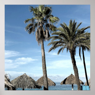 Aruba Ocean View Palm Trees and Beach Palapa Huts Poster