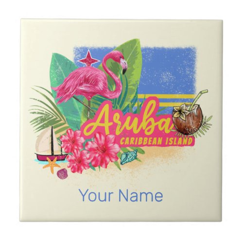 Aruba Retro Caribbean Island with Flamingo Vintage Ceramic Tile