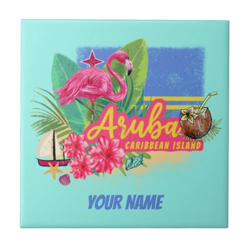 Aruba Retro Caribbean Island with Flamingo Vintage Ceramic Tile