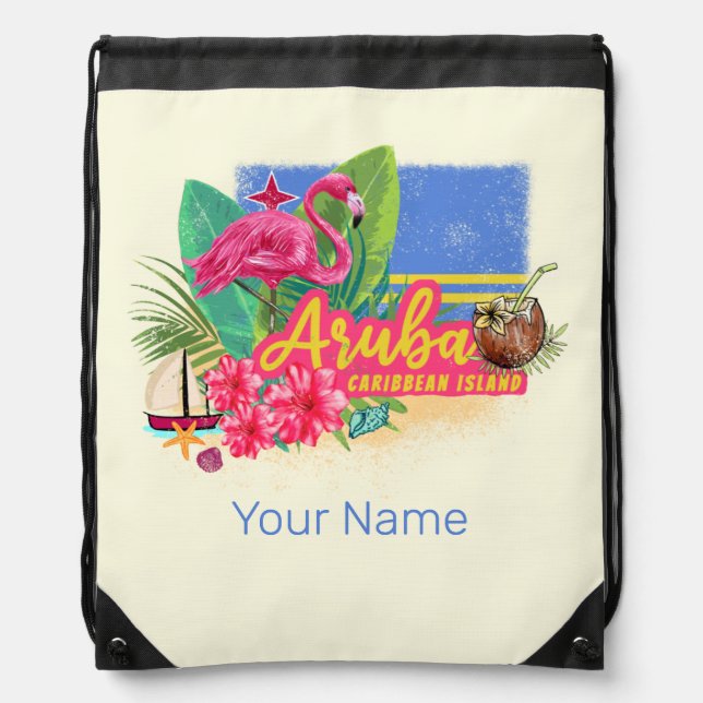 Aruba Retro Caribbean Island with Flamingo Vintage Drawstring Bag (Front)