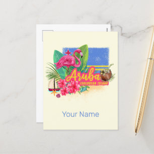 Aruba Retro Caribbean Island with Flamingo Vintage Holiday Postcard