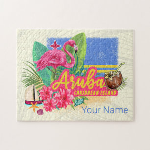 Aruba Retro Caribbean Island with Flamingo Vintage Jigsaw Puzzle
