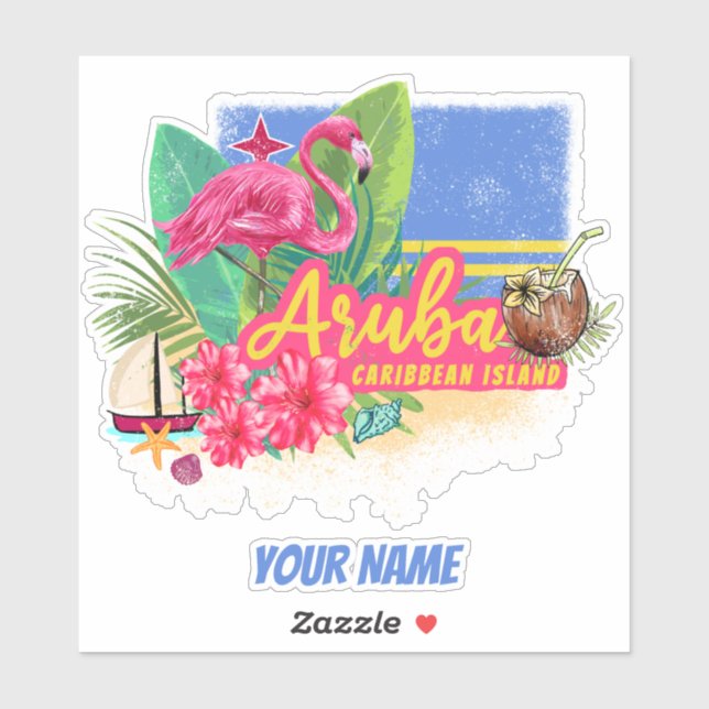 Aruba Retro Caribbean Island with Flamingo Vintage Sticker (Sheet)