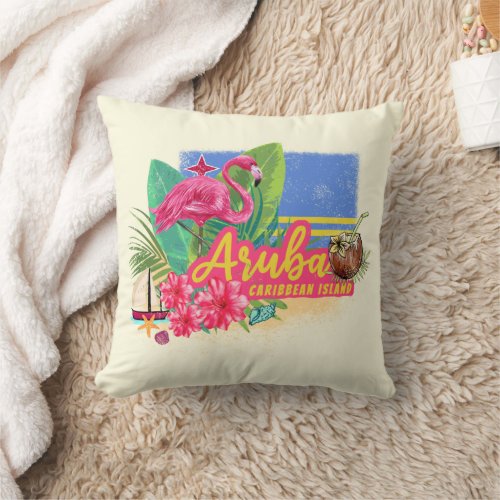 Aruba Retro Caribbean Island with Flamingo Vintage Throw Pillow