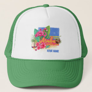 Aruba Retro Caribbean Island with Flamingo Vintage Trucker Hat
