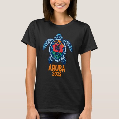 Aruba Sea Turtle Caribe 2023 Hibiscus Flower T_Shirt