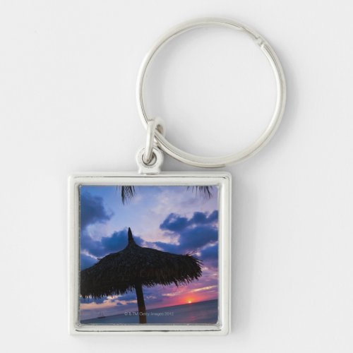 Aruba silhouette of palapa on beach at sunset 2 keychain