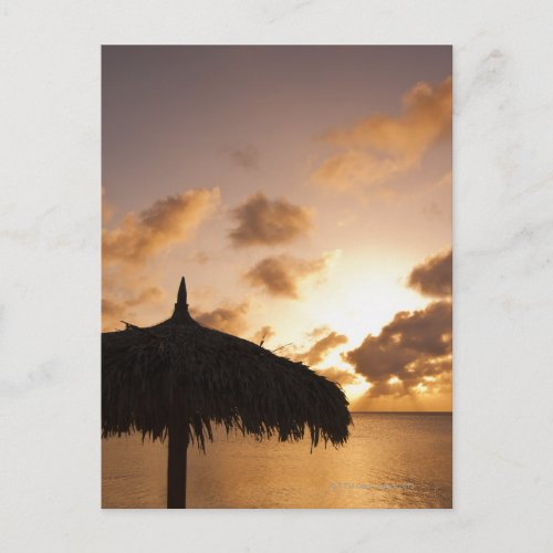 Aruba silhouette of palapa on beach at sunset postcard