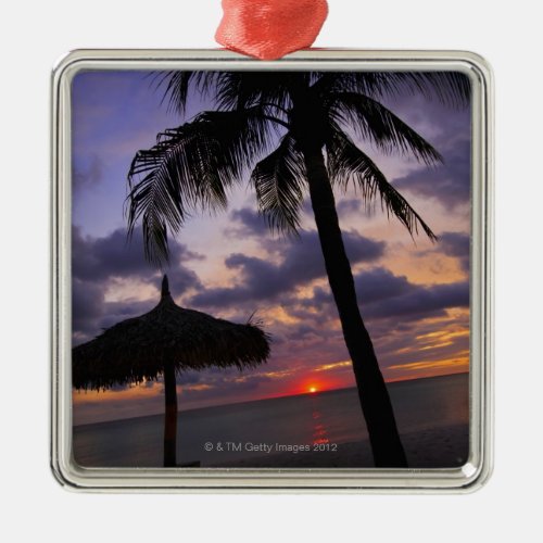 Aruba silhouette of palm tree and palapa on metal ornament