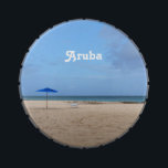Aruba Solitude Candy Tin<br><div class="desc">Sandy beach with an umbrella and chair on a beach in Aruba.</div>