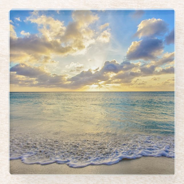 Aruba Sunset over Moving Sea Glass Coaster (Front)