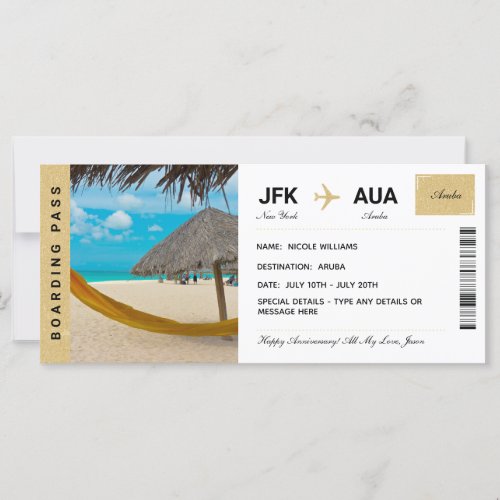 Aruba Vacation Travel Gift Ticket Boarding Pass