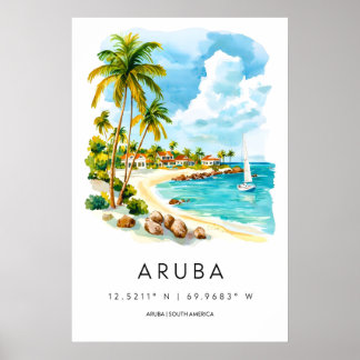 Aruba Watercolor Vintage Travel Poster Ski