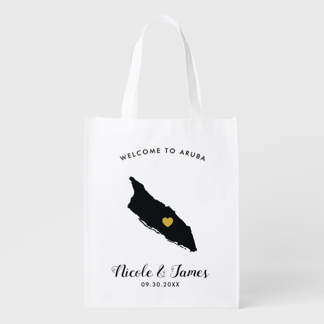 Aruba Wedding Welcome Bag, Black and Gold Grocery Bag (Front)