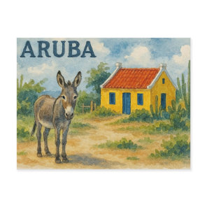 Aruba Yellow Cunucu house with donkey watercolor Holiday Postcard