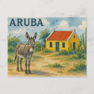 Aruba Yellow Cunucu house with donkey watercolor Holiday Postcard