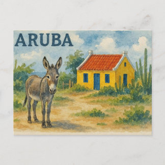 Aruba Yellow Cunucu house with donkey watercolor Postcard