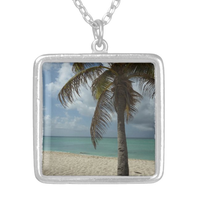 Aruban Beach I Beautiful Nature Scene Silver Plated Necklace (Front)