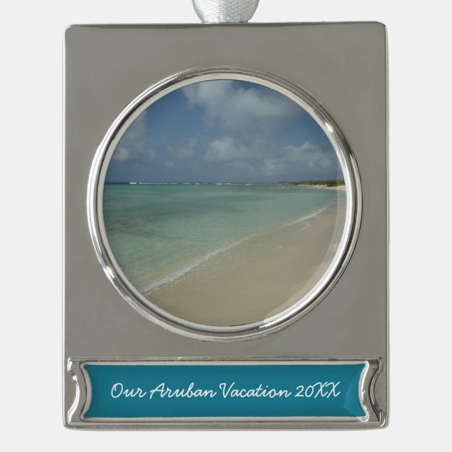 Aruban Beach II Beautiful Nature Scene Silver Plated Banner Ornament (Front)