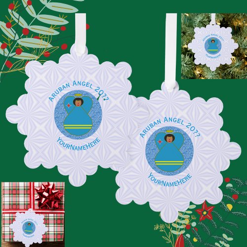 Aruban Flag Angel Personalized Blue Text  Ornament Card