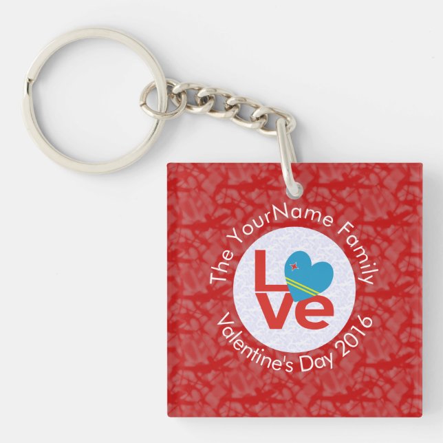 Aruban Flag Heart LOVE Red Personalized Text  Keychain (Front)