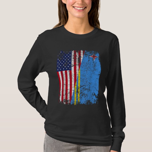 ARUBAN ROOTS Half American Flag ARUBA FLAG T-Shirt (Front)