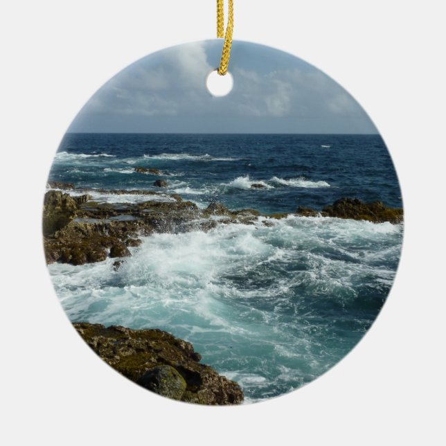 Aruba's Rocky Coast and Blue Ocean Ceramic Ornament (Front)