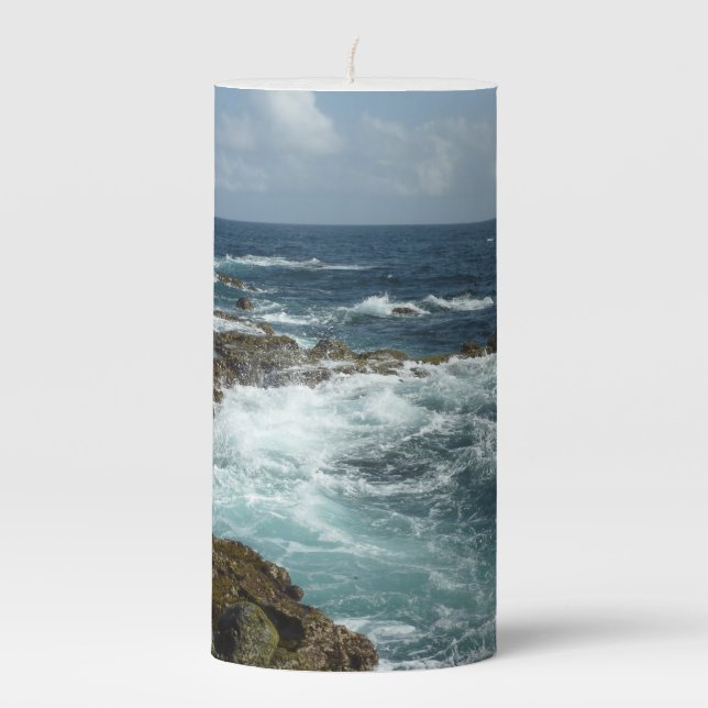 Aruba's Rocky Coast and Blue Ocean Pillar Candle (Front)