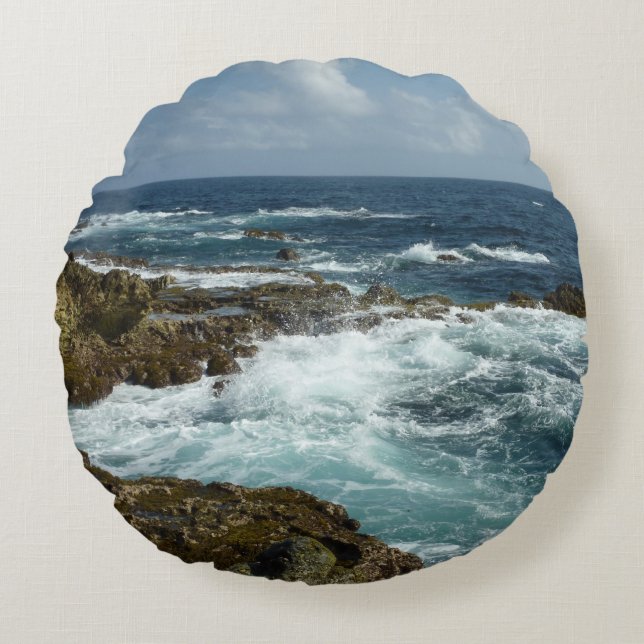 Aruba's Rocky Coast and Blue Ocean Round Pillow (Front)