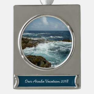 Aruba's Rocky Coast and Blue Ocean Silver Plated Banner Ornament