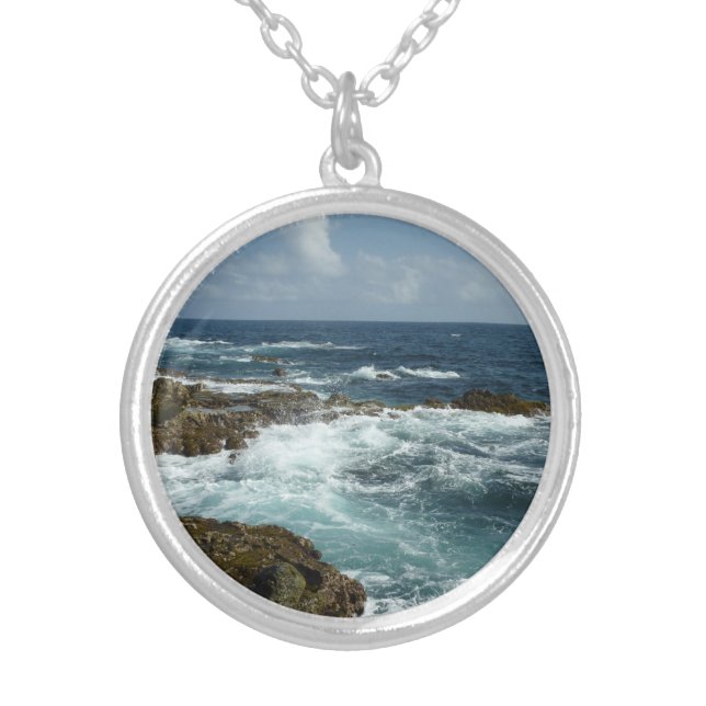 Aruba's Rocky Coast and Blue Ocean Silver Plated Necklace (Front)