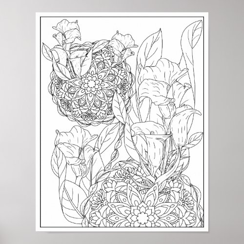 Arum Lilies and Leaves Mandala Adult Coloring Poster