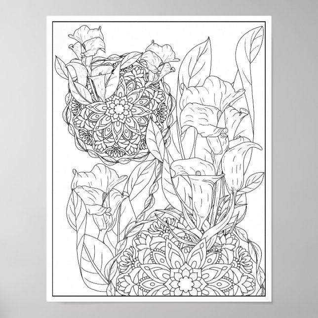 Arum Lilies and Leaves Mandala Adult Coloring Poster (Front)