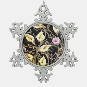 Arum Lily Artistic Floral Design On Black Snowflake Pewter Christmas Ornament