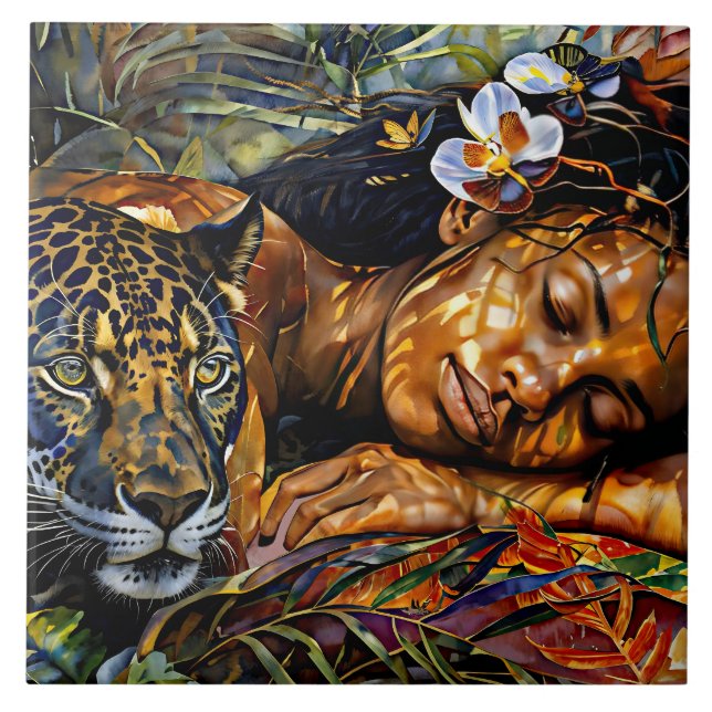"Arumáya" Jaguar’s Bloom - Women In Amazonia Ceramic Tile (Front)