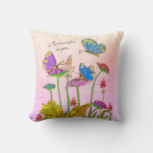 As Beautiful As You Pink Flowers & Blue Butterfly Throw Pillow