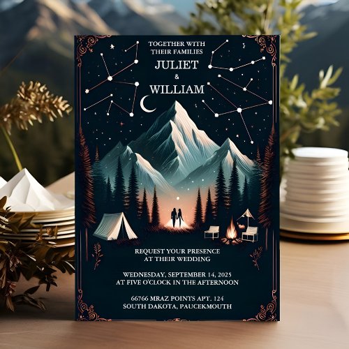 As Cabin Forest Wood Sky Tree Fire Camping Wedding Invitation