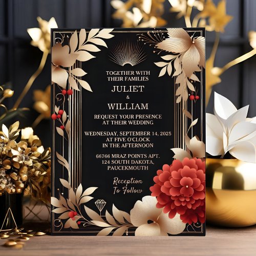 As Roses Garden Diamond Red Black And Gold Wedding Foil Invitation